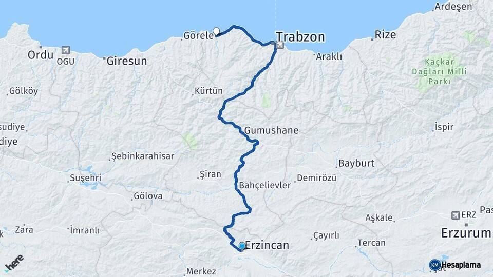 Erzincan Vakfıkebir Trabzon Arası Kaç Km - Yol Haritası