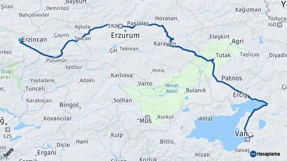 Erzincan Van Arası Kaç Km - Yol Haritası