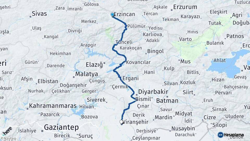 Erzincan Viranşehir Şanlıurfa Arası Kaç Km - Yol Haritası