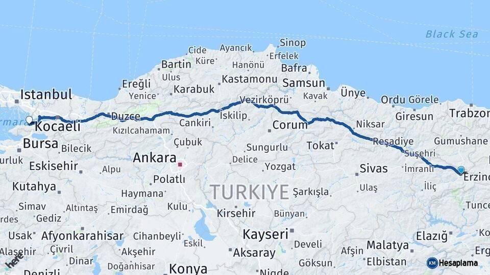 Erzincan Yalova Arası Kaç Km - Yol Haritası