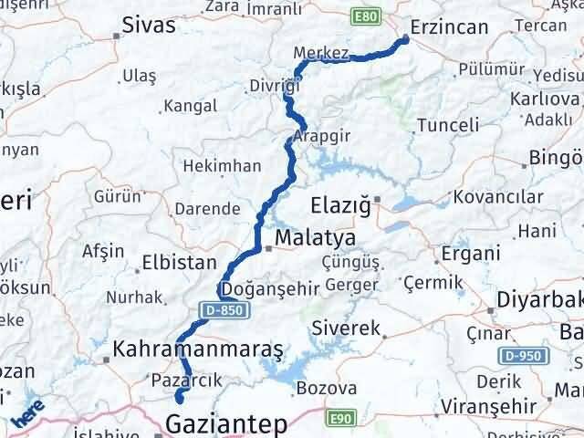 Erzincan Yavuzeli Gaziantep Arası Kaç Km - Yol Haritası