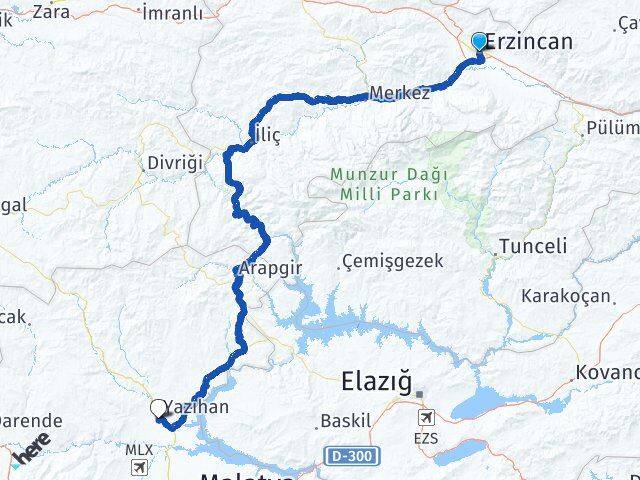 Erzincan Yazıhan Malatya Arası Kaç Km - Yol Haritası
