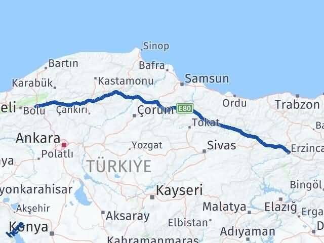 Erzincan Yeniçağa Bolu Arası Kaç Km - Yol Haritası