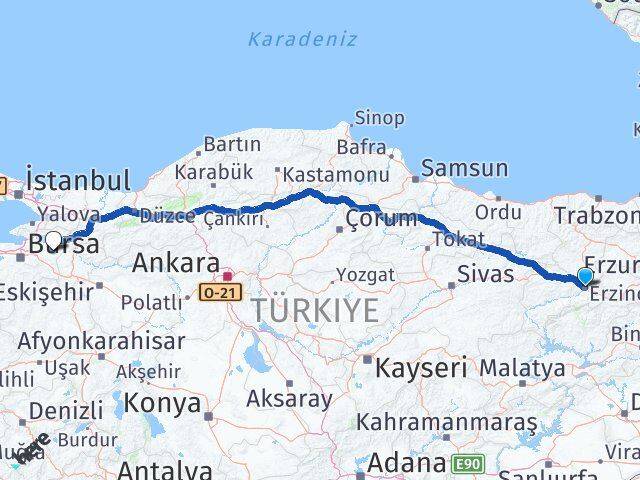 Erzincan Yenişehir Bursa Arası Kaç Km - Yol Haritası