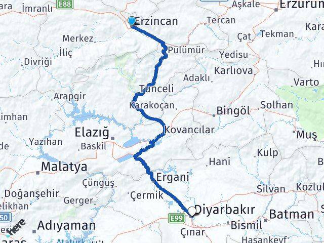 Erzincan Yenişehir Diyarbakır Arası Kaç Km - Yol Haritası