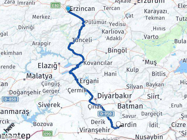Erzincan Yeşilli Mardin Arası Kaç Km - Yol Haritası