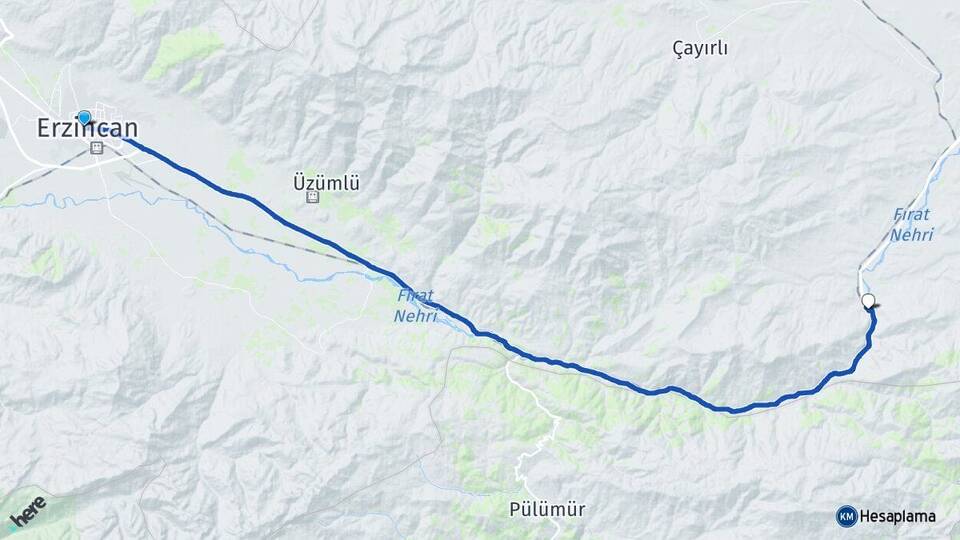 Erzincan Yollarüstü Tercan Arası Kaç Km - Yol Haritası
