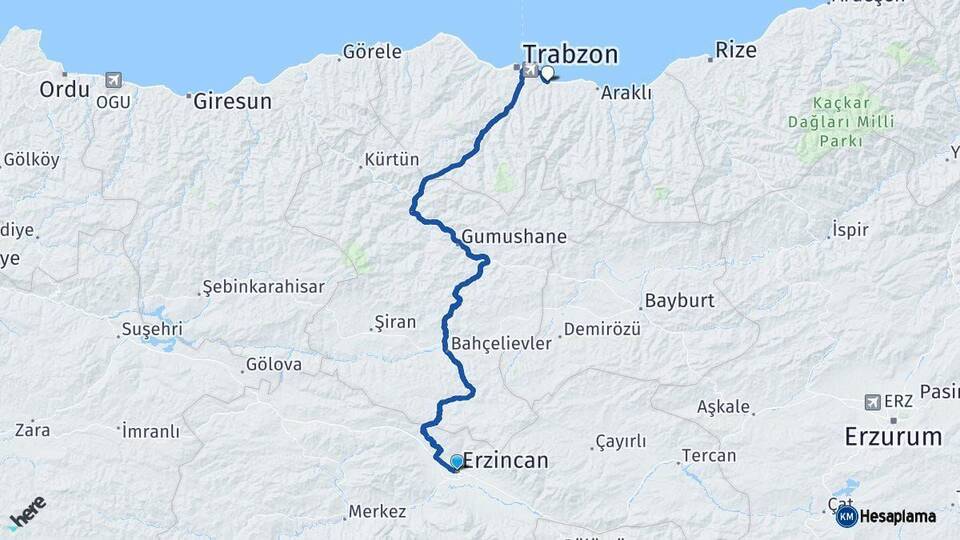 Erzincan Yomra Trabzon Arası Kaç Km - Yol Haritası