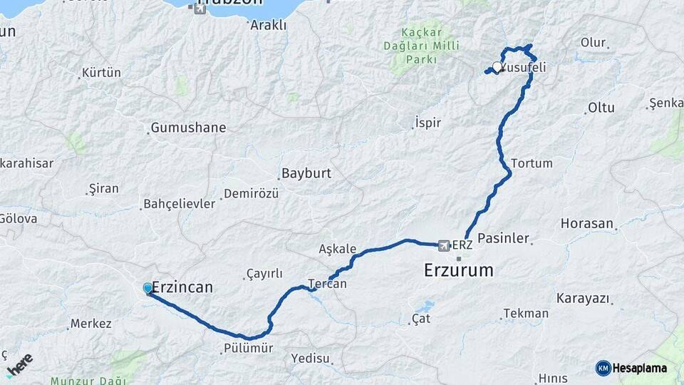 Erzincan Yusufeli Artvin Arası Kaç Km - Yol Haritası