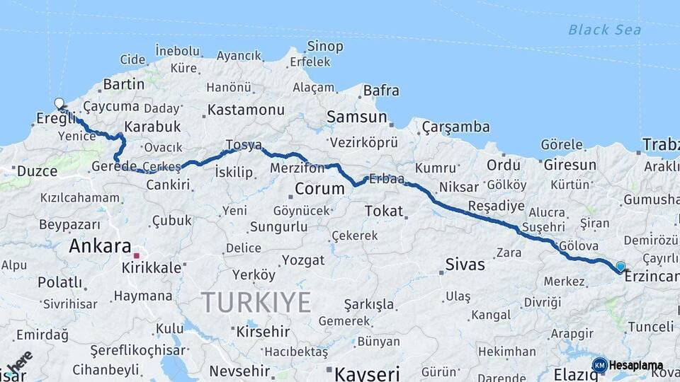 Erzincan Zonguldak Arası Kaç Km - Yol Haritası