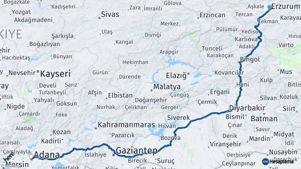 Erzurum Adana Arası Kaç Km - Yol Haritası