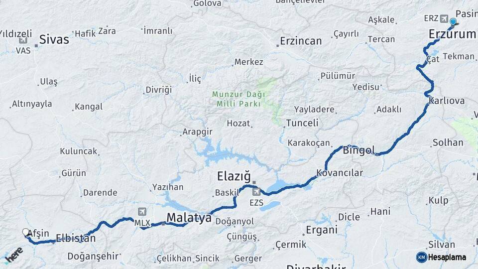 Erzurum Afşin Kahramanmaraş Arası Kaç Km - Yol Haritası