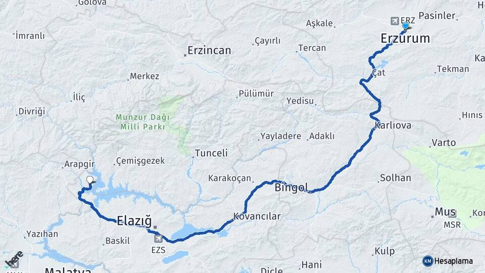 Erzurum Ağın Elazığ Arası Kaç Km - Yol Haritası