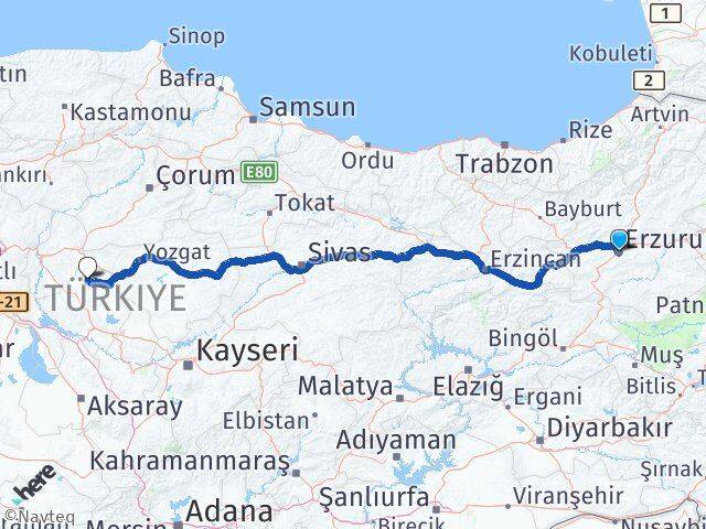 Erzurum Akçakent Kırşehir Arası Kaç Km - Yol Haritası