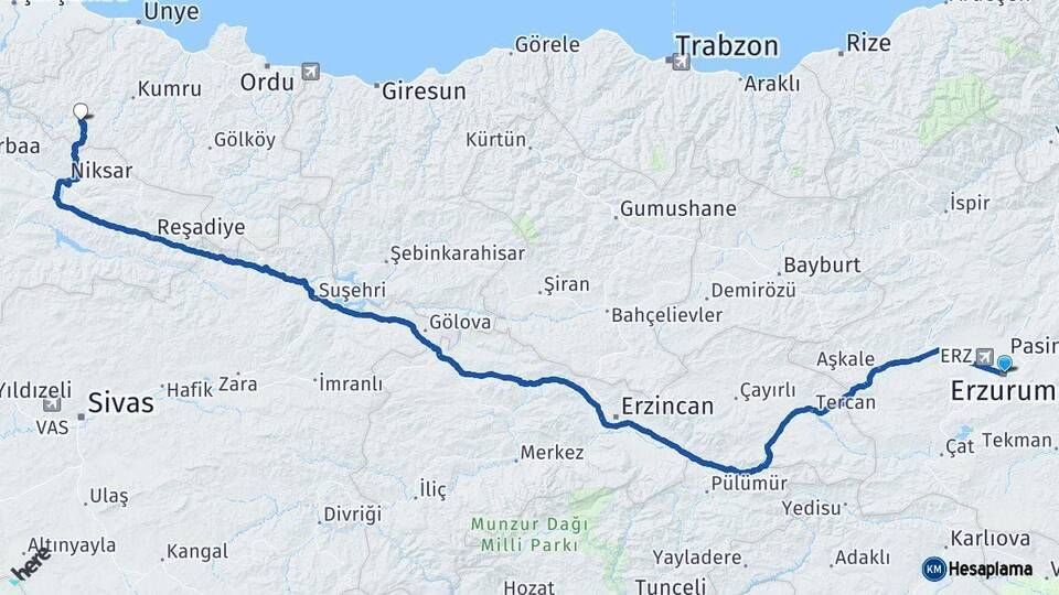 Erzurum Akkuş Ordu Arası Kaç Km - Yol Haritası