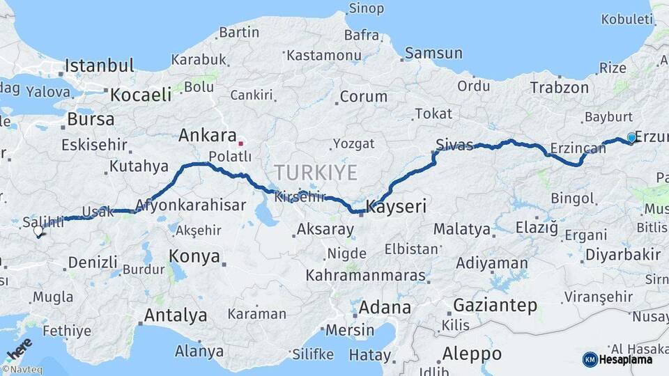 Erzurum Alaşehir Manisa Arası Kaç Km - Yol Haritası
