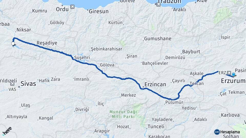 Erzurum Almus Tokat Arası Kaç Km - Yol Haritası
