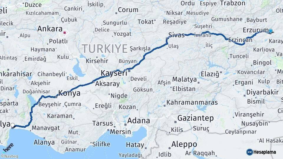 Erzurum Antalya Arası Kaç Km - Yol Haritası