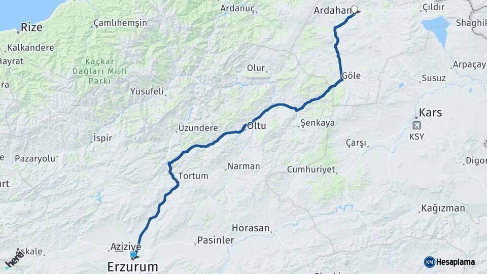 Erzurum Ardahan Arası Kaç Km - Yol Haritası