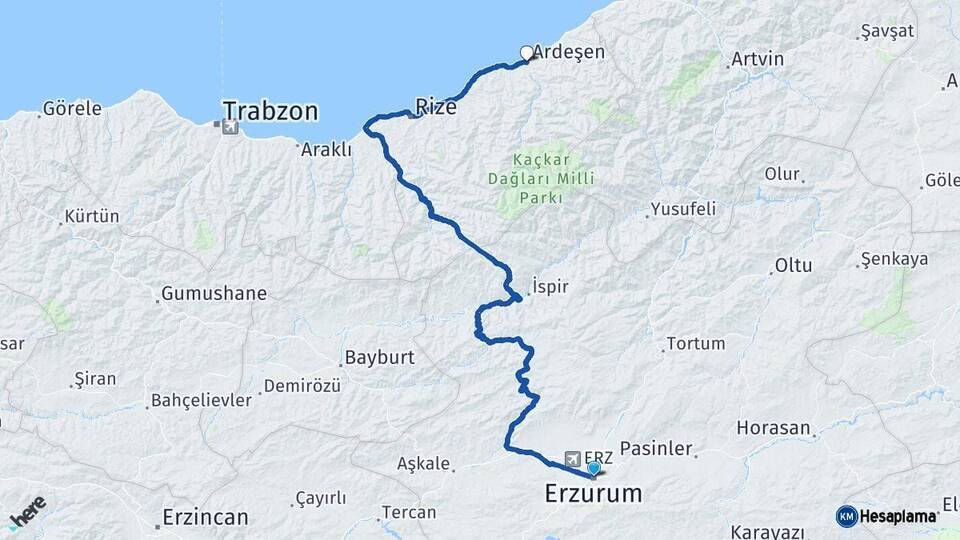Erzurum Ardeşen Rize Arası Kaç Km - Yol Haritası