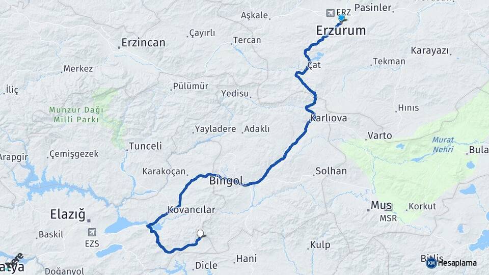 Erzurum Arıcak Elazığ Arası Kaç Km - Yol Haritası