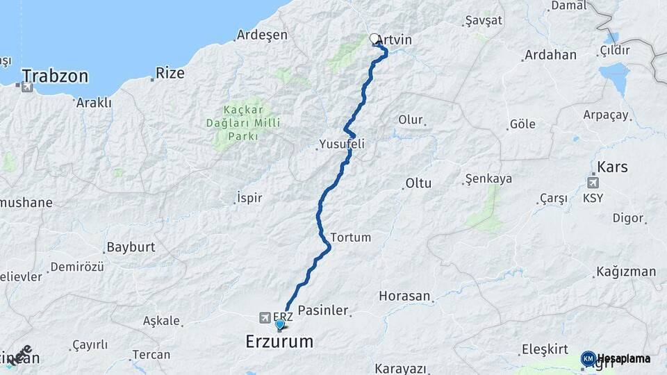 Erzurum Artvin Arası Kaç Km - Yol Haritası
