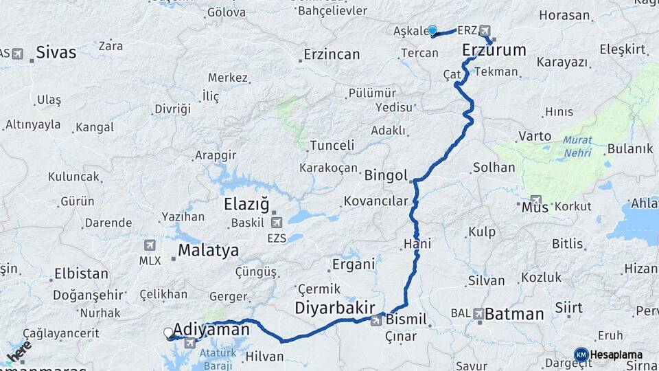 Erzurum Aşkale Adıyaman Arası Kaç Km - Yol Haritası