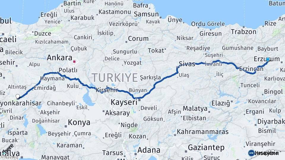 Erzurum Aşkale Afyonkarahisar Arası Kaç Km - Yol Haritası