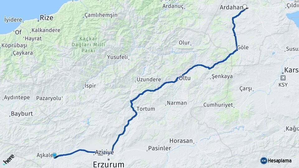 Erzurum Aşkale Ardahan Arası Kaç Km - Yol Haritası