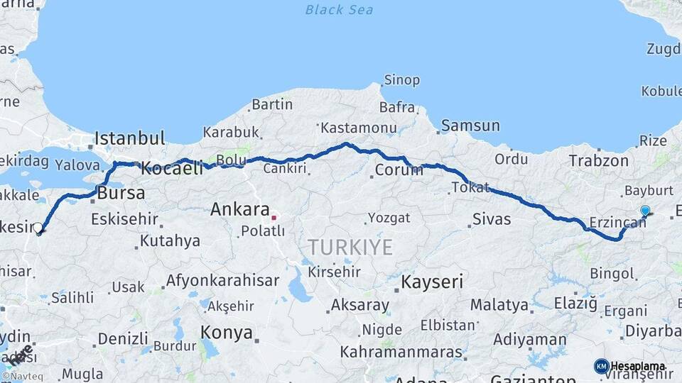 Erzurum Aşkale Balıkesir Arası Kaç Km - Yol Haritası
