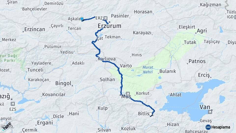Erzurum Aşkale Bitlis Arası Kaç Km - Yol Haritası