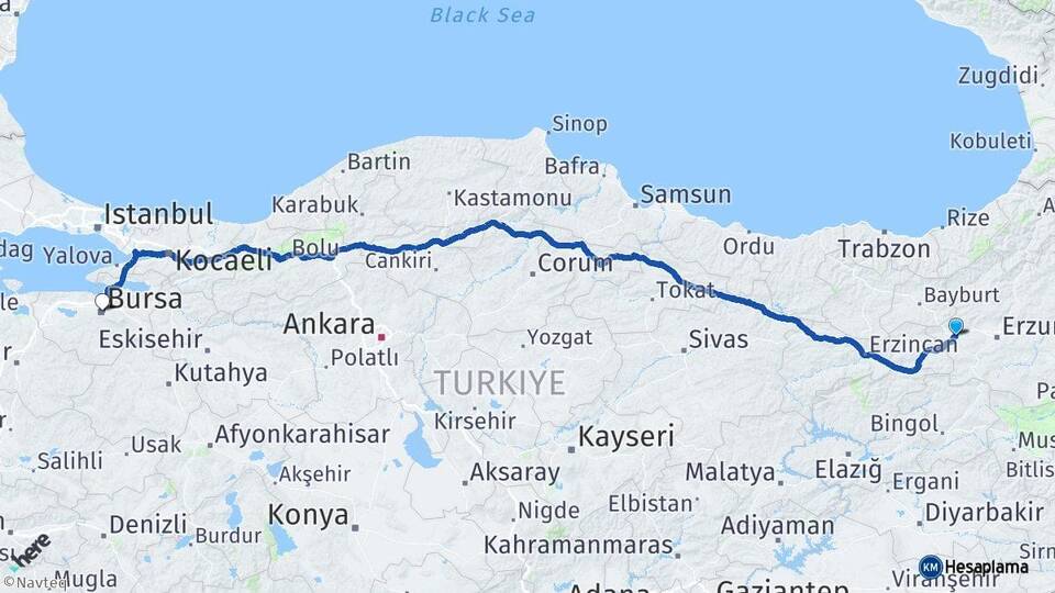 Erzurum Aşkale Bursa Arası Kaç Km - Yol Haritası