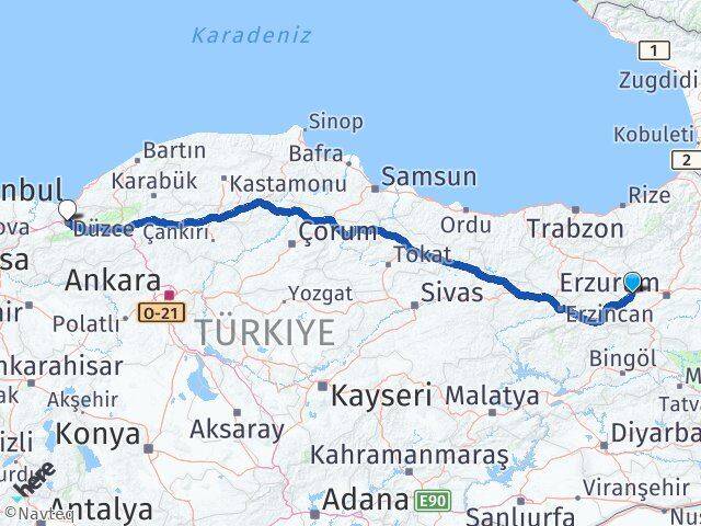 Erzurum Aşkale Düzce Arası Kaç Km - Yol Haritası