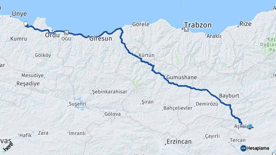 Erzurum Aşkale Fatsa Ordu Arası Kaç Km - Yol Haritası