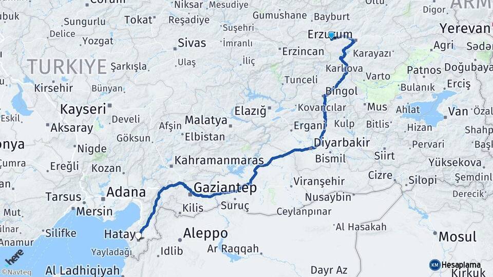 Erzurum Aşkale Hatay Arası Kaç Km - Yol Haritası