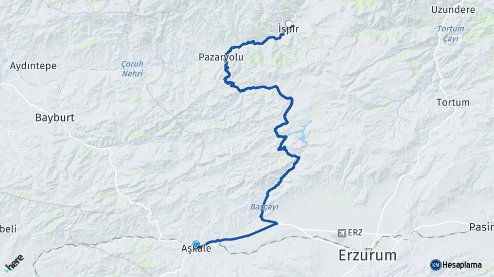 Erzurum Aşkale İspir Arası Kaç Km - Yol Haritası