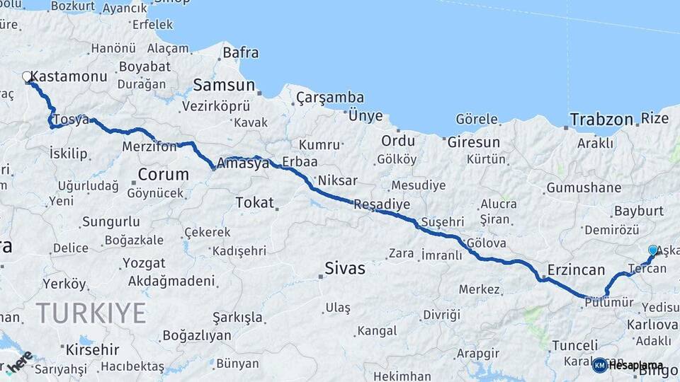 Erzurum Aşkale Kastamonu Arası Kaç Km - Yol Haritası