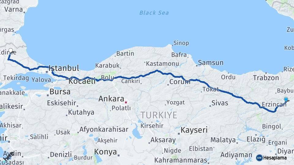 Erzurum Aşkale Kırklareli Arası Kaç Km - Yol Haritası