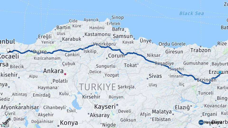 Erzurum Aşkale Kocaeli Arası Kaç Km - Yol Haritası