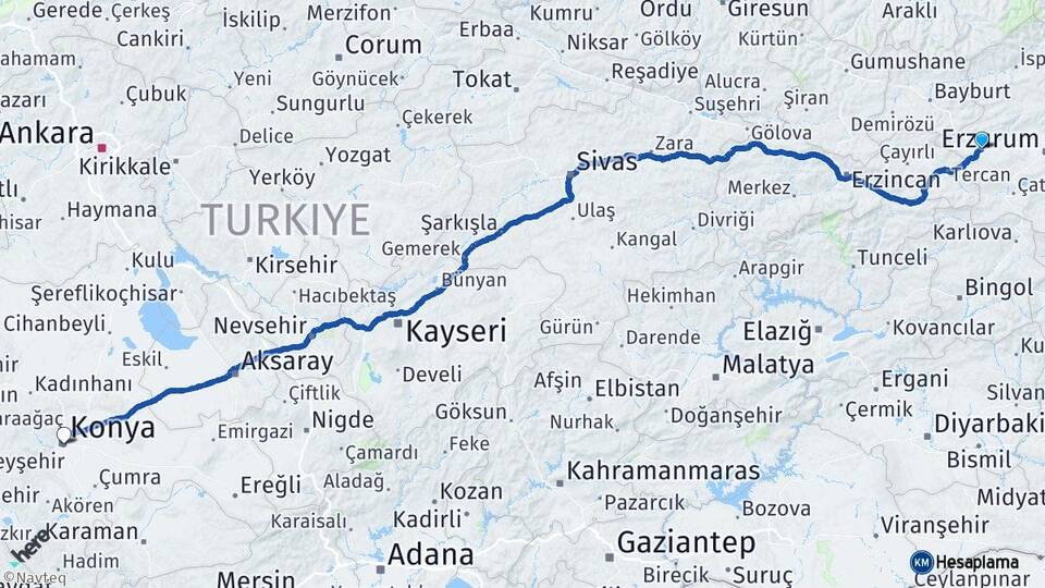 Erzurum Aşkale Konya Arası Kaç Km - Yol Haritası