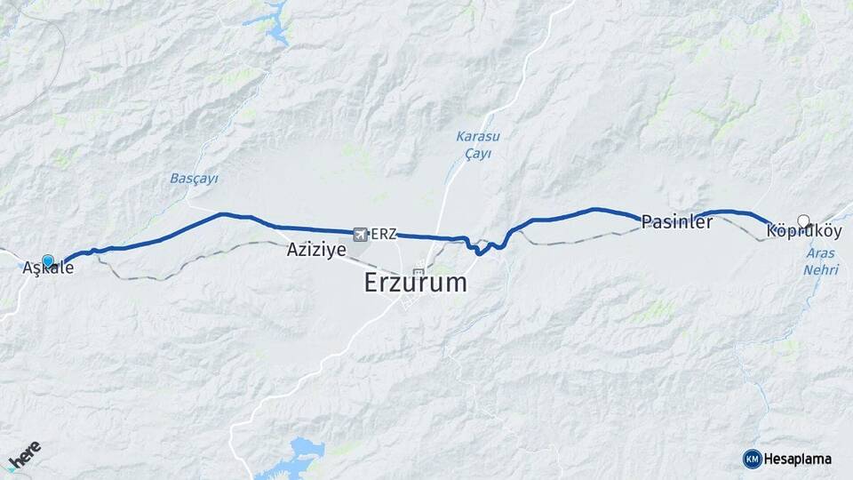 Erzurum Aşkale Köprüköy Arası Kaç Km - Yol Haritası