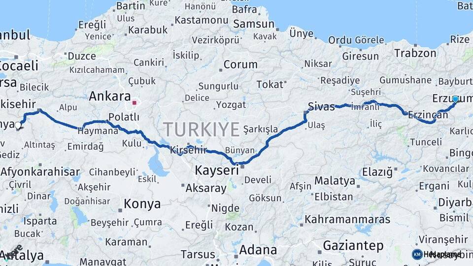 Erzurum Aşkale Kütahya Arası Kaç Km - Yol Haritası