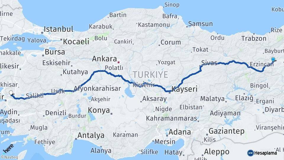Erzurum Aşkale Manisa Arası Kaç Km - Yol Haritası