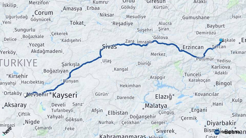 Erzurum Aşkale Nevşehir Arası Kaç Km - Yol Haritası