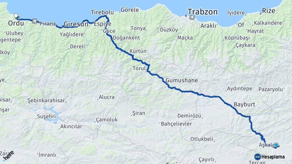 Erzurum Aşkale Ordu Arası Kaç Km - Yol Haritası