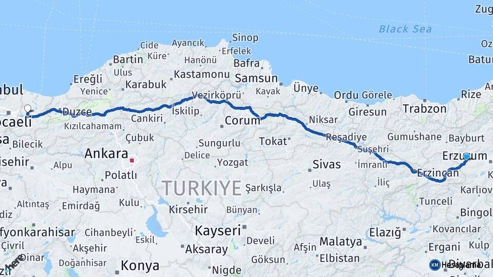 Erzurum Aşkale Sakarya Arası Kaç Km - Yol Haritası