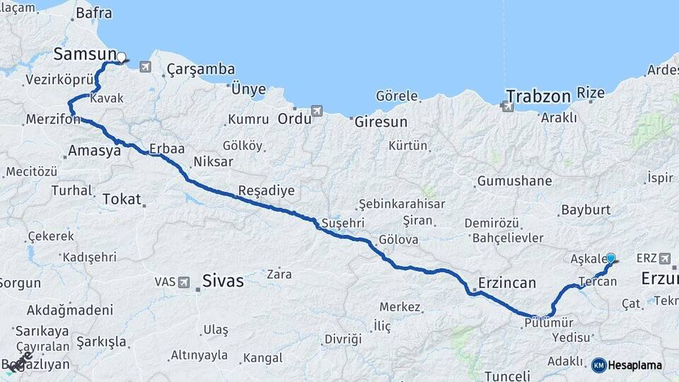 Erzurum Aşkale Samsun Arası Kaç Km - Yol Haritası