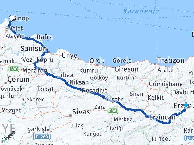 Erzurum Aşkale Sinop Arası Kaç Km - Yol Haritası
