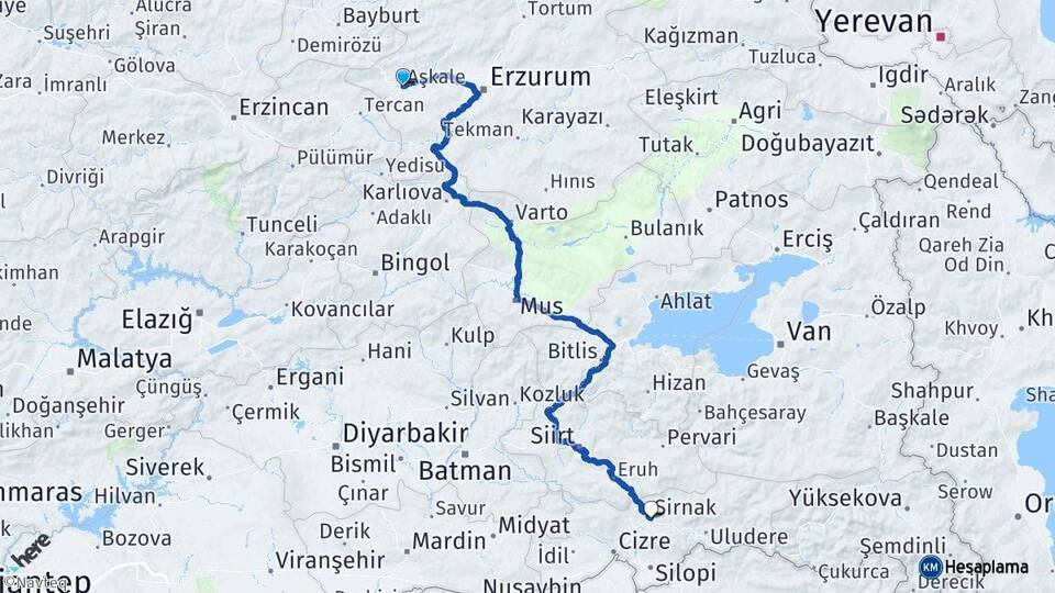 Erzurum Aşkale Şırnak Arası Kaç Km - Yol Haritası