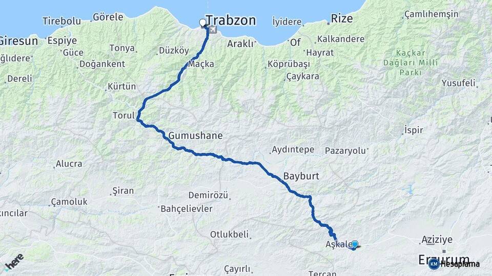 Erzurum Aşkale Trabzon Arası Kaç Km - Yol Haritası